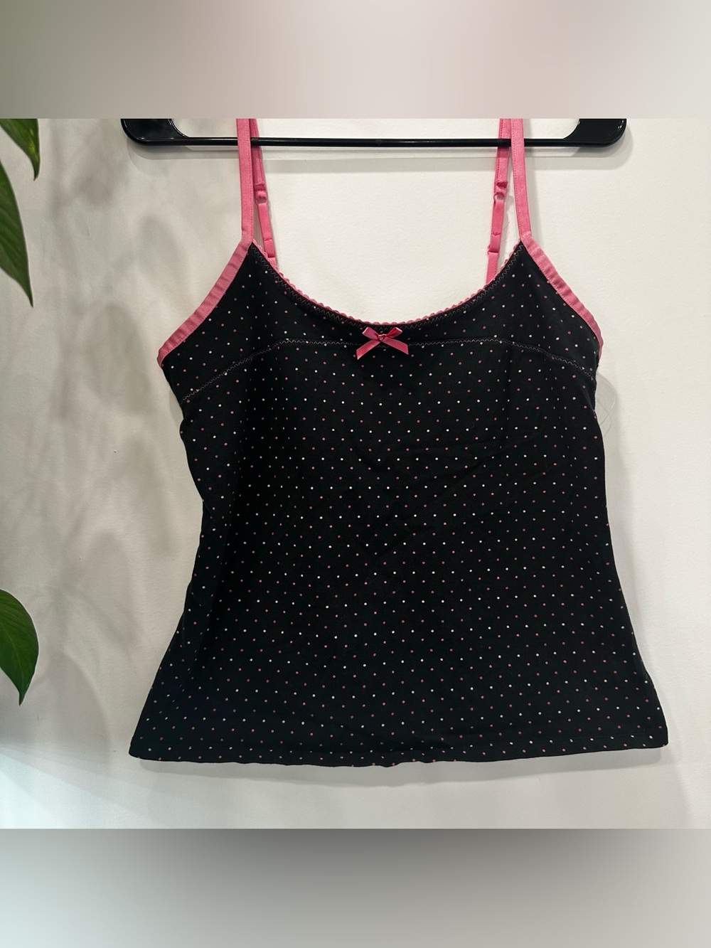 Express Sexy Y2K Black Polka Dot Cami Pink Ribbon Detail Women’s size Large